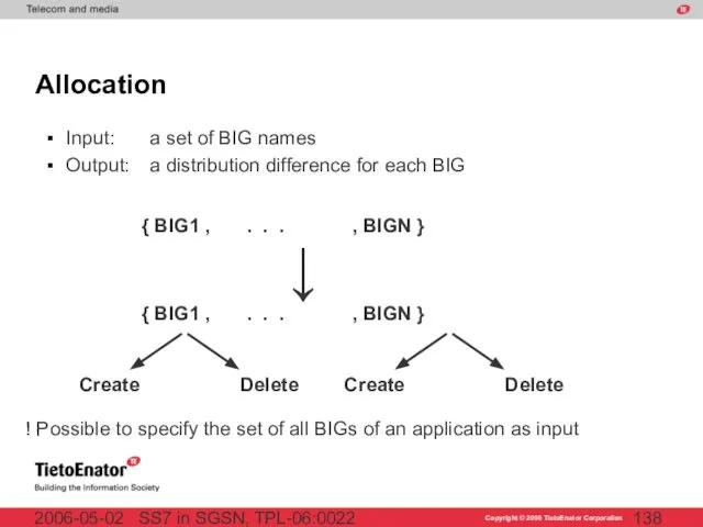 SS7 in SGSN, TPL-06:0022 2006-05-02 Allocation Input: a set of BIG