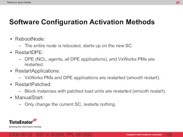 SS7 in SGSN, TPL-06:0022 2006-05-02 Software Configuration Activation Methods RebootNode: The