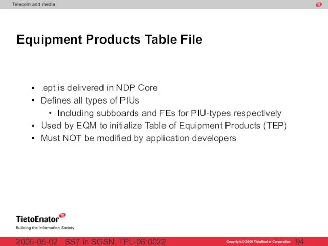 SS7 in SGSN, TPL-06:0022 2006-05-02 Equipment Products Table File .ept is