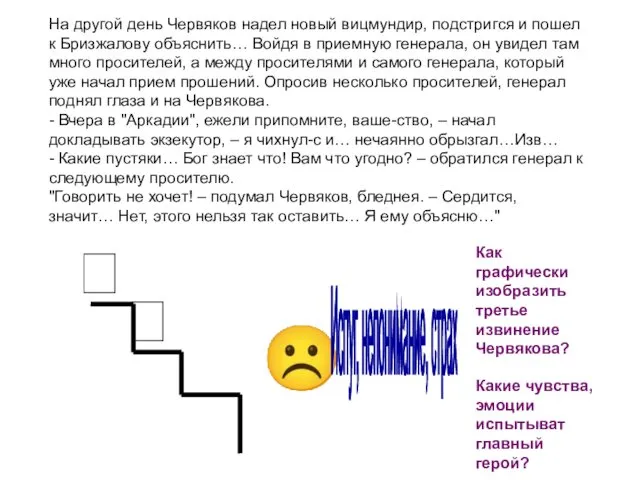   ☹ На другой день Червяков надел новый вицмундир, подстригся