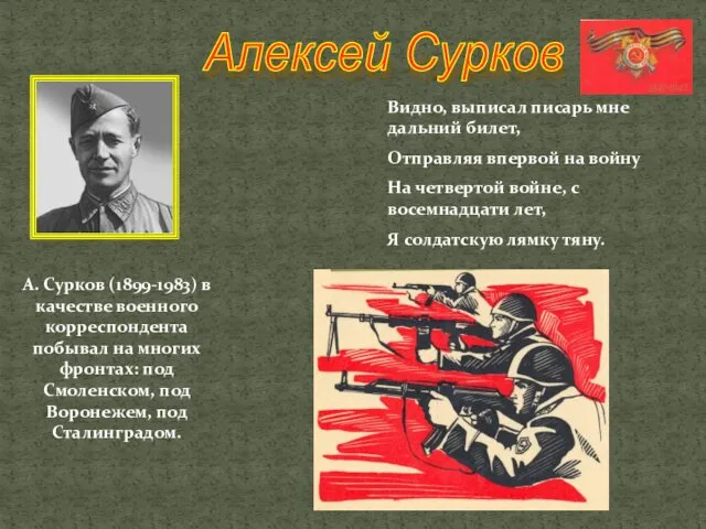 А. Сурков (1899-1983) в качестве военного корреспондента побывал на многих фронтах: