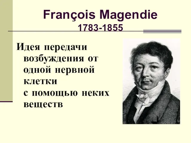 François Magendie 1783-1855 Идея передачи возбуждения от одной нервной клетки с помощью неких веществ