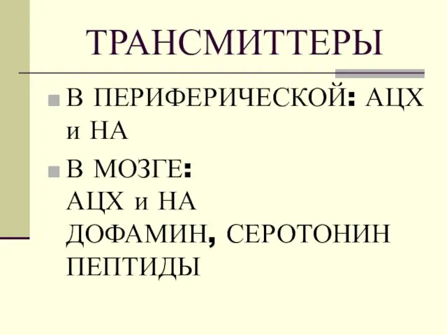 ТРАНСМИТТЕРЫ В ПЕРИФЕРИЧЕСКОЙ: АЦХ и НА В МОЗГЕ: АЦХ и НА ДОФАМИН, СЕРОТОНИН ПЕПТИДЫ