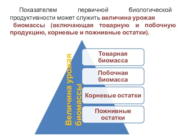 Показателем первичной биологической продуктивности может служить величина урожая биомассы (включающая товарную