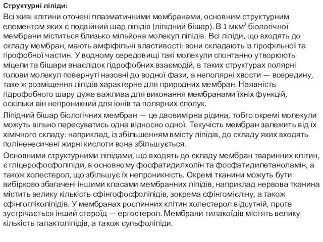 Структурні ліпіди: Всі живі клітини оточені плазматичними мембранами, основним структурним елементом