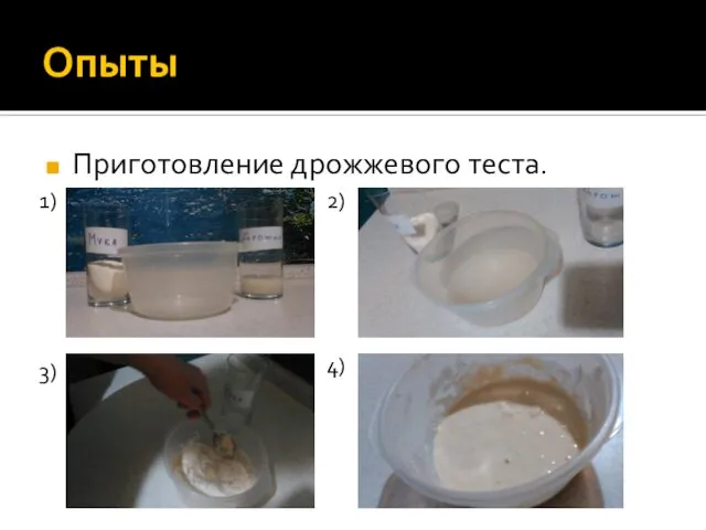 Опыты Приготовление дрожжевого теста. 1) 2) 3) 4)