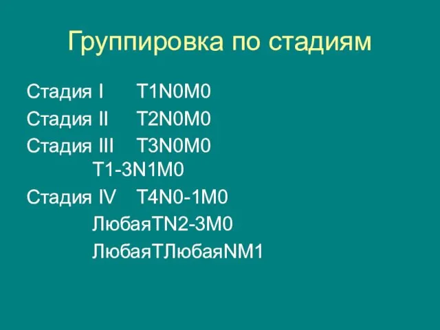 Группировка по стадиям Стадия I T1N0M0 Стадия II T2N0M0 Стадия III