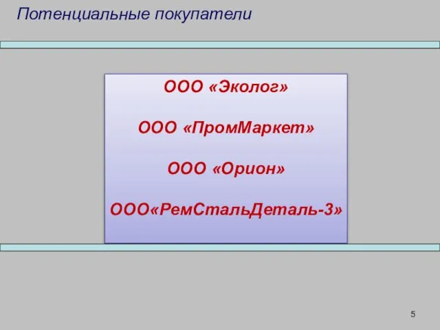 Потенциальные покупатели ООО «Эколог» ООО «ПромМаркет» ООО «Орион» ООО«РемСтальДеталь-3»