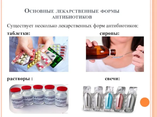 Основные лекарственные формы антибиотиков Существует несколько лекарственных форм антибиотиков: таблетки: сиропы: растворы : свечи: