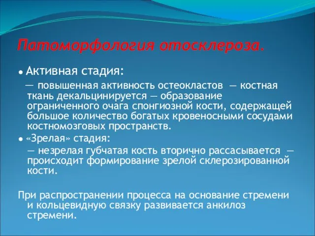 Патоморфология отосклероза. ● Активная стадия: — повышенная активность остеокластов — костная