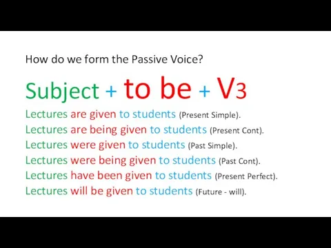 How do we form the Passive Voice? Subject + to be