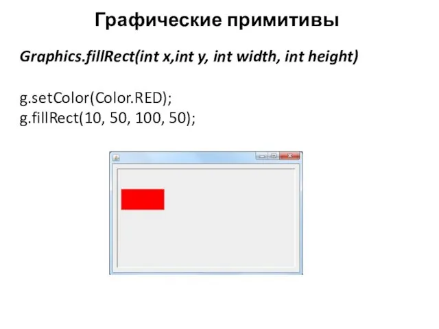 Графические примитивы Graphics.fillRect(int x,int y, int width, int height) g.setColor(Color.RED); g.fillRect(10, 50, 100, 50);