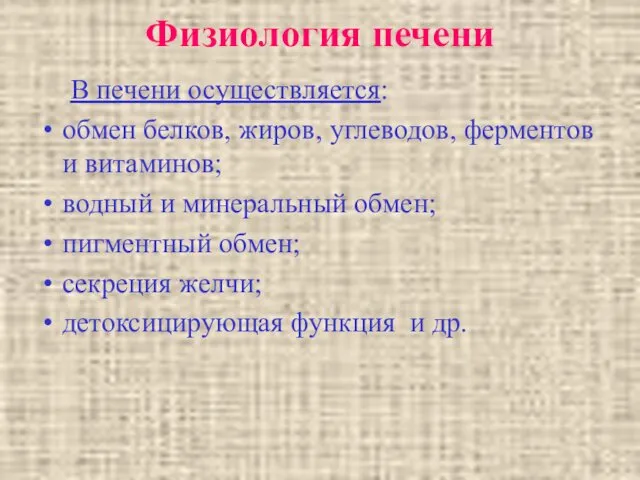 Физиология печени В печени осуществляется: обмен белков, жиров, углеводов, ферментов и