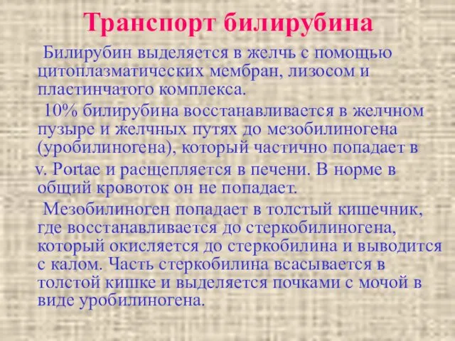 Транспорт билирубина Билирубин выделяется в желчь с помощью цитоплазматических мембран, лизосом