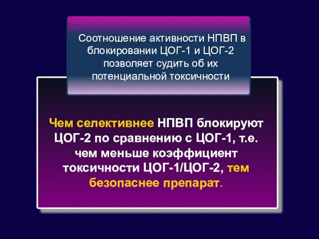 Соотношение активности НПВП в блокировании ЦОГ-1 и ЦОГ-2 позволяет судить об