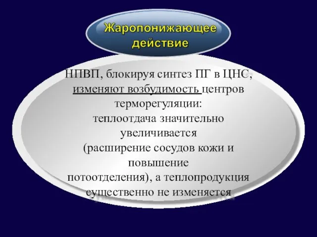 НПВП, блокируя синтез ПГ в ЦНС, изменяют возбудимость центров терморегуляции: теплоотдача