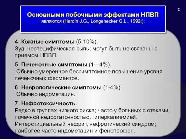 Основными побочными эффектами НПВП являются (Hardin J.G., Longenecker G.L., 1992;): 4.