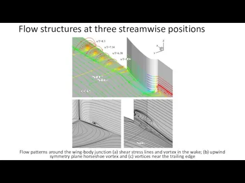 Flow structures at three streamwise positions Flow patterns around the wing-body