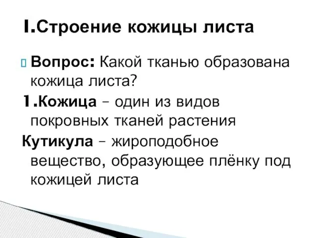 Вопрос: Какой тканью образована кожица листа? 1.Кожица – один из видов