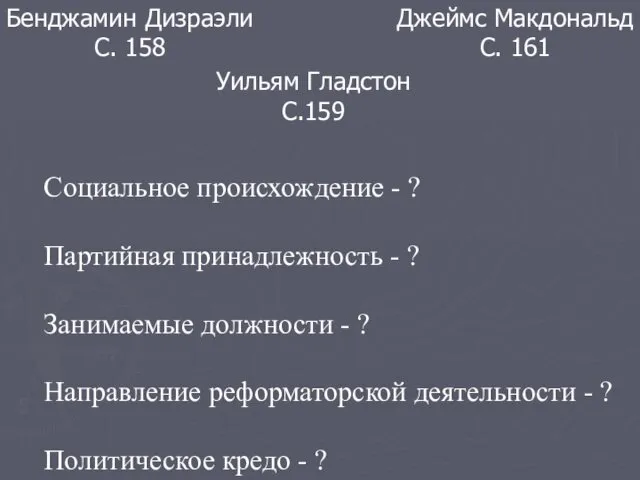 Бенджамин Дизраэли С. 158 Уильям Гладстон С.159 Джеймс Макдональд С. 161