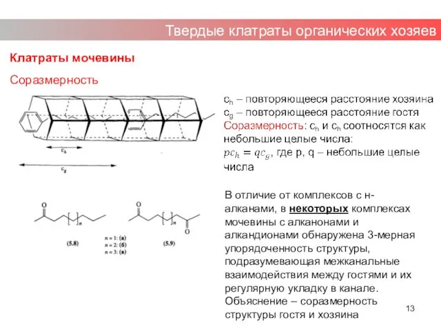 Клатраты мочевины Соразмерность Твердые клатраты органических хозяев В отличие от комплексов