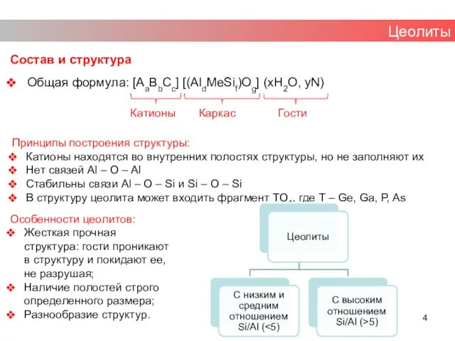 Состав и структура Общая формула: [AaBbCc] [(AldMeSif)Og] (xH2O, yN) Цеолиты Катионы