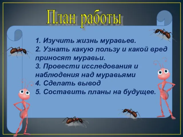 1. Изучить жизнь муравьев. 2. Узнать какую пользу и какой вред