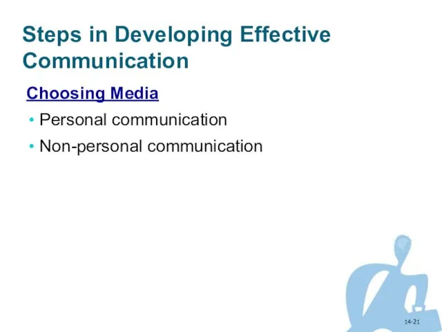 14- Steps in Developing Effective Communication Choosing Media Personal communication Non-personal communication