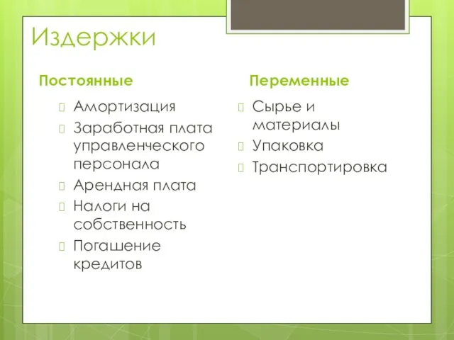 Издержки Постоянные Амортизация Заработная плата управленческого персонала Арендная плата Налоги на