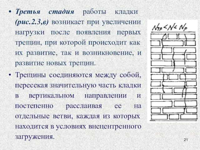 Третья стадия работы кладки (рис.2.3,в) возникает при увеличении нагрузки после появления