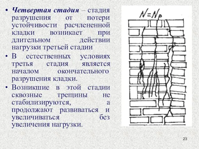 Четвертая стадия – стадия разрушения от потери устойчивости расчлененной кладки возникает