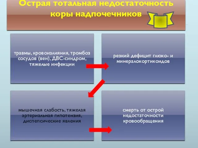 Острая тотальная недостаточность коры надпочечников травмы, кровоизлияния, тромбоз сосудов (вен), ДВС-синдром,