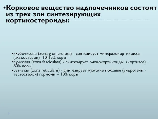 Корковое вещество надпочечников состоит из трех зон синтезирующих кортикостероиды: клубочковая (zona