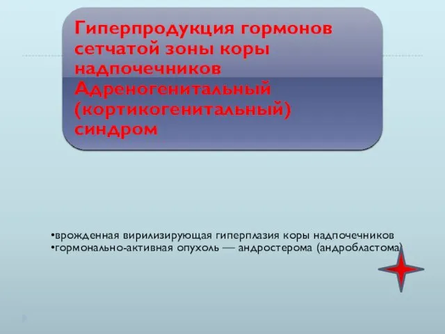 Гиперпродукция гормонов сетчатой зоны коры надпочечников Адреногенитальный (кортикогенитальный) синдром врожденная вирилизирующая