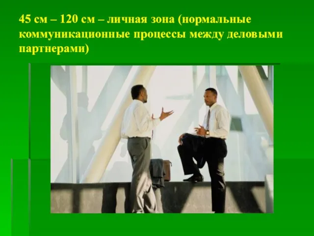 45 см – 120 см – личная зона (нормальные коммуникационные процессы между деловыми партнерами)