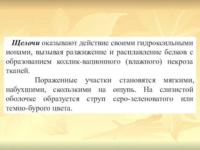 Щелочи оказывают действие своими гидроксильными ионами, вызывая разжижение и расплавление белков