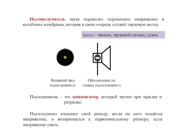 Пьезоизлучатель звука переводит переменное напряжение в колебание мембраны, которая в свою