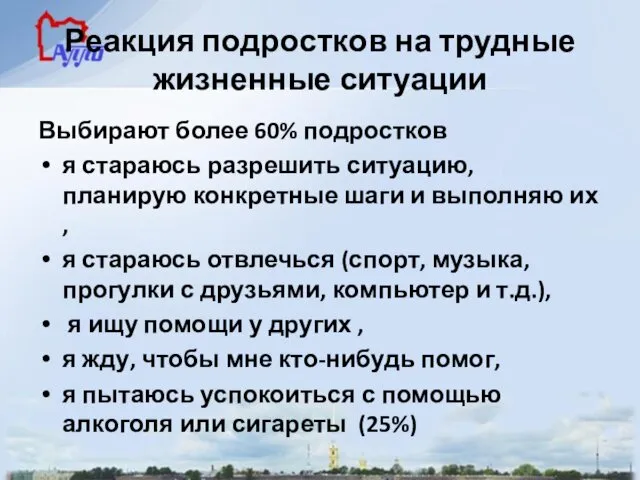 Реакция подростков на трудные жизненные ситуации Выбирают более 60% подростков я