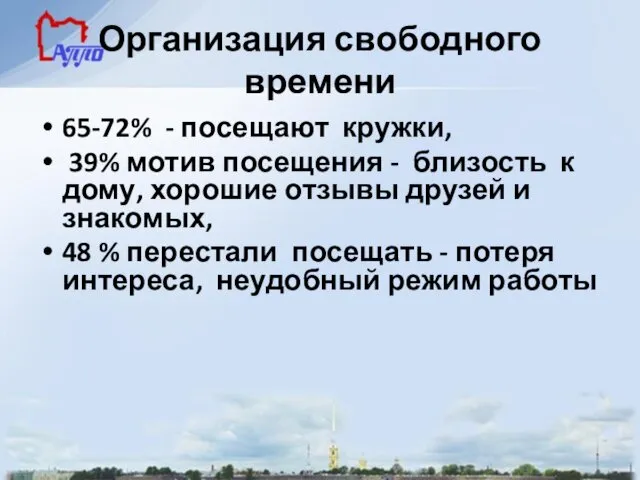 Организация свободного времени 65-72% - посещают кружки, 39% мотив посещения -