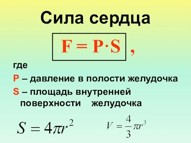 Сила сердца F = P·S , где P – давление в