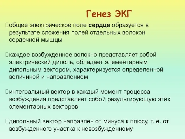 Генез ЭКГ общее электрическое поле сердца образуется в результате сложения полей