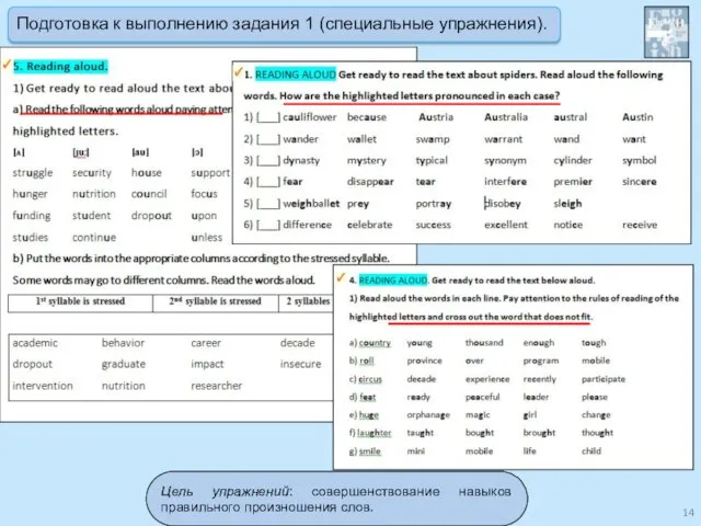 Цель упражнений: совершенствование навыков правильного произношения слов. Подготовка к выполнению задания 1 (специальные упражнения).