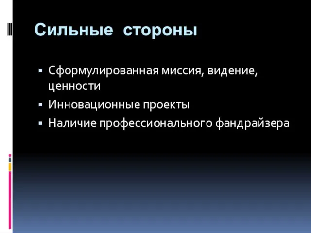 Сильные стороны Сформулированная миссия, видение, ценности Инновационные проекты Наличие профессионального фандрайзера