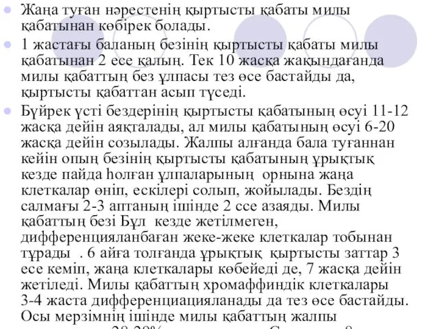 Жаңа туған нәрестенің қыртысты қабаты милы қабатынан көбірек болады. 1 жастағы