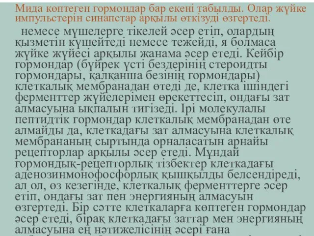 Мида көптеген гормондар бар екені табылды. Олар жүйке импульстерін синапстар арқылы