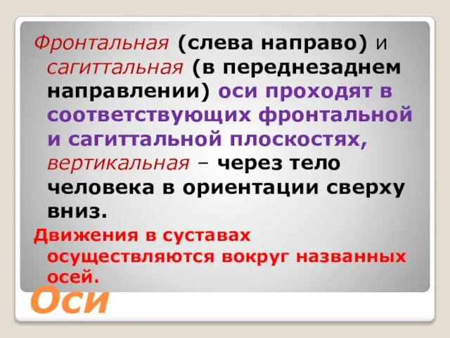 Оси Фронтальная (слева направо) и сагиттальная (в переднезаднем направлении) оси проходят