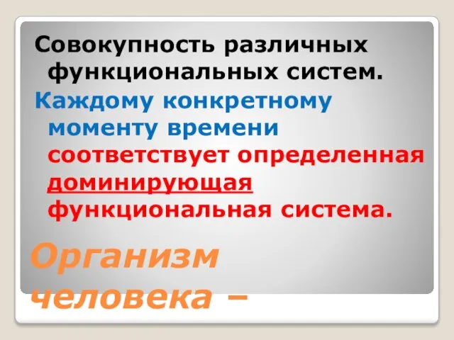 Организм человека – Совокупность различных функциональных систем. Каждому конкретному моменту времени соответствует определенная доминирующая функциональная система.