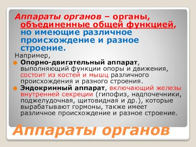 Аппараты органов Аппараты органов – органы, объединенные общей функцией, но имеющие