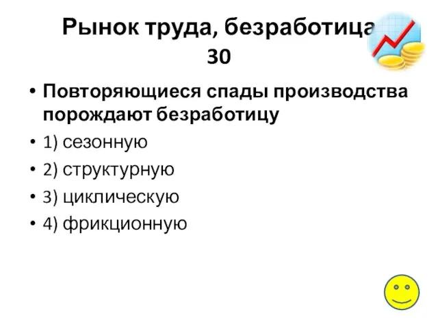 Рынок труда, безработица 30 Повторяющиеся спады производства порождают безработицу 1) сезонную