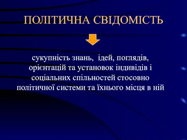 ПОЛІТИЧНА СВІДОМІСТЬ сукупність знань, ідей, поглядів, орієнтацій та установок індивідів і